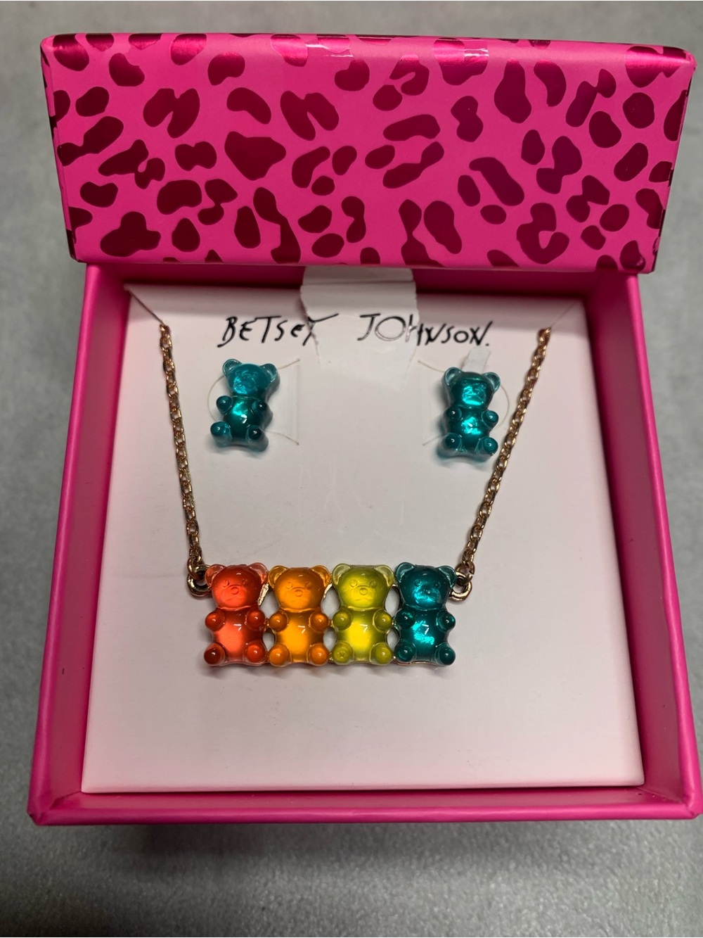 Betsy Johnson Gummy Bear Necklace and Stud Earrings Set Blue Rainbow